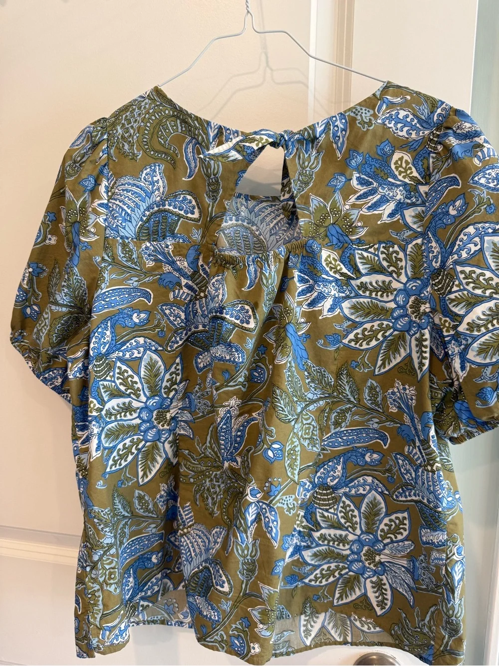 Talbots Olive Green Floral Blouse with Blue Print
